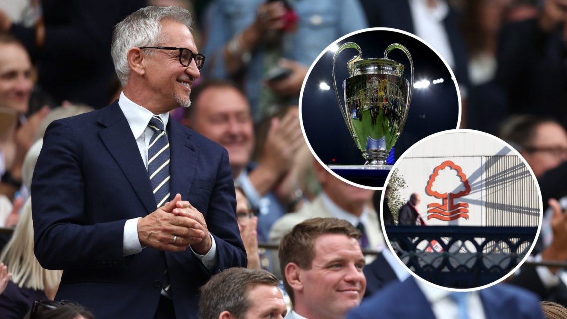 Main: Gary Lineker spotted at Wimbledon, Insets: Forest badge and Champions League trophy