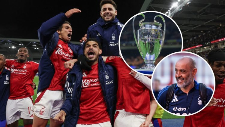 Main: Nottingham Forest players celebrate with insets of the Champions League Trophy and Nuno Espirito Santo