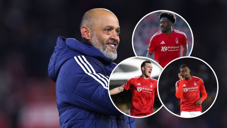 Main: Nuno Espirito Santo the manager of Nottingham Forest with insets of Chris Wood, Ola Aina and Callum Hudson-Odoi