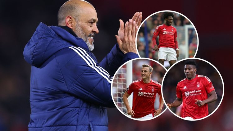 Main: Nottingham Forest boss Nuno Espirito Santo with insets of Ola Aina, Chris Wood and Taiwo Awoniyi