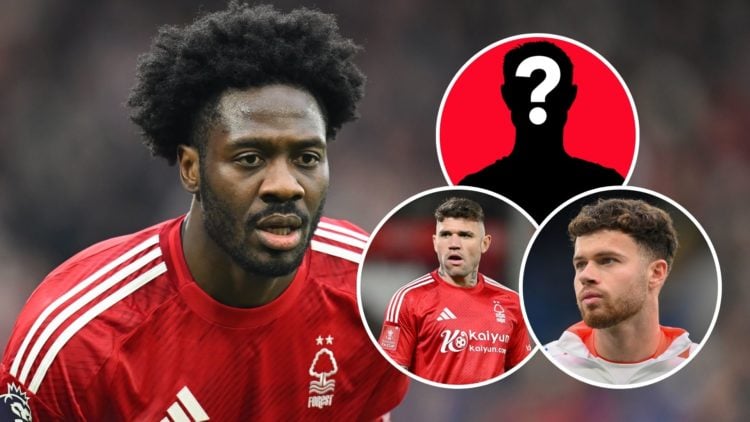 Ola Aina of Forest during the Premier League match between Nottingham Forest FC and Brighton & Hove Albion FC. Inset: Morato of Forest looks on dur...