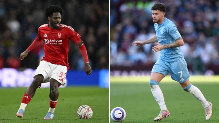 Split image of: Ola Aina of Nottingham Forest in action during the Emirates FA Cup Quarter Final match between Brighton & Hove Albion and Nottingha...