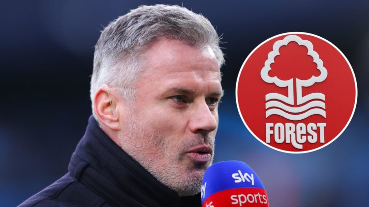 Jamie Carragher. Inset of Nottingham Forest badge.