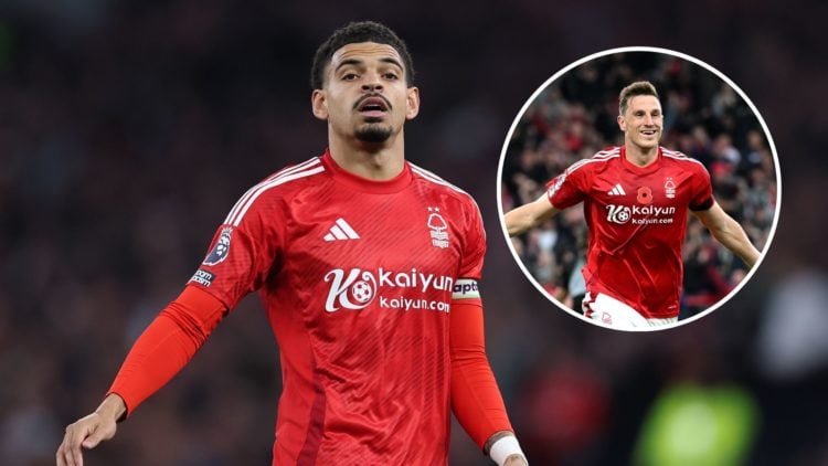 Nottingham Forest midfielder Morgan Gibbs-White. Inset of Chris Wood.