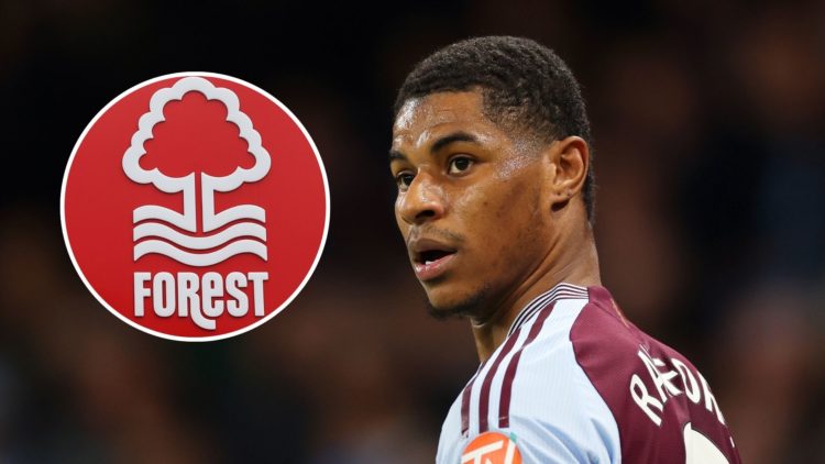 Aston Villa winger Marcus Rashford. Inset of Nottingham Forest badge.