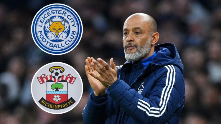 Nottingham Forest manager Nuno Espirito Santo. Inset of Leicester City and Southampton badges.