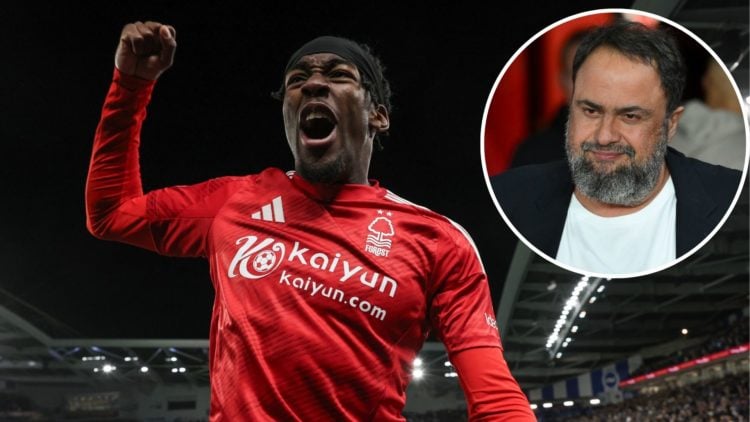 Anthony Elanga of Nottingham Forest jumps onto the LED boards as he celebrates his side's victory following a penalty shoot-out during the Emirates...