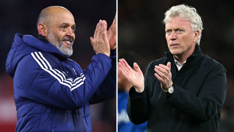 Split image of Nuno Espírito Santo, the head coach of Nottingham Forest, applauding the fans at full time and David Moyes, Everton manager, applaud...