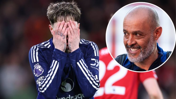 Alejandro Garnacho of Manchester United reacts during the Premier League match between Nottingham Forest FC and Manchester United FC. Inset: Nottin...