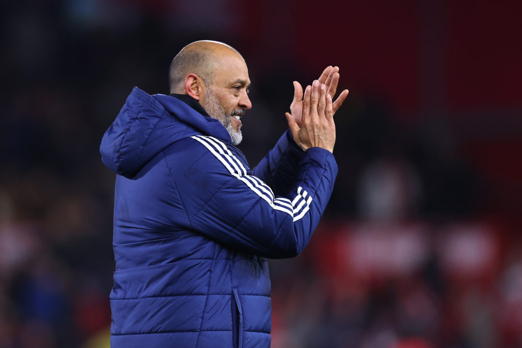 Nuno Espirito Santo applauds the fans at full time during the Premier League match between Nottingham Forest and Manchester United