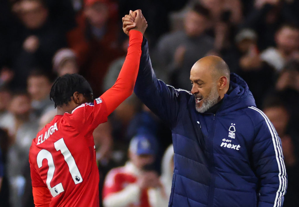 Anthony Elanga celebrates with Nuno Espirito Santo during the Premier League match between Nottingham Forest and Manchester United