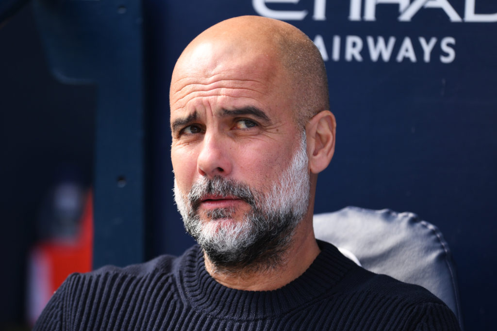Manchester City manager Pep Guardiola looks on during Crystal Palace game.