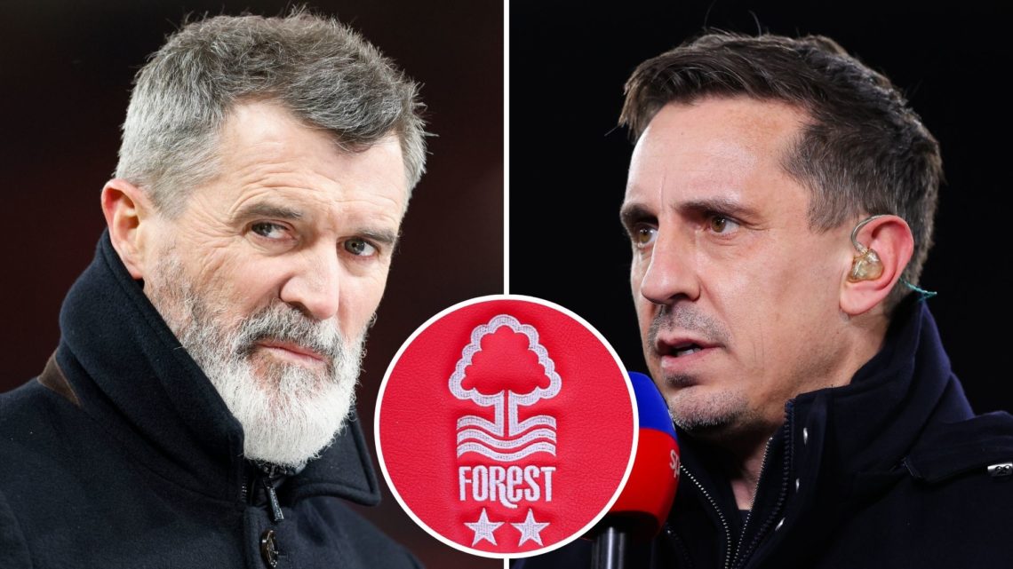 Split image of: Roy Keane, football pundit and former footballer looks on before the Emirates FA Cup Fourth Round match between Manchester United a...