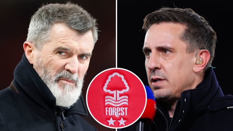 Split image of: Roy Keane, football pundit and former footballer looks on before the Emirates FA Cup Fourth Round match between Manchester United a...