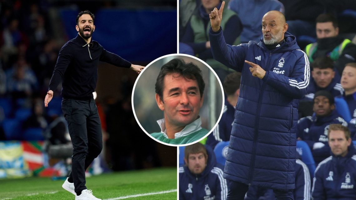 Split Image of: Nuno Espirito Santo Manager of Nottingham Forest points out instructions to his players during the Emirates FA Cup Quarter Final ma...