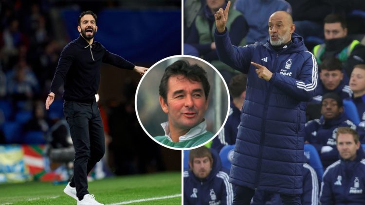 Split Image of: Nuno Espirito Santo Manager of Nottingham Forest points out instructions to his players during the Emirates FA Cup Quarter Final ma...