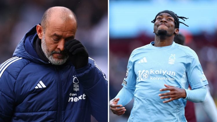 Split image of: Anthony Elanga of Nottingham Forest reacts after missing a goal-scoring opportunity during the Premier League match between Aston V...
