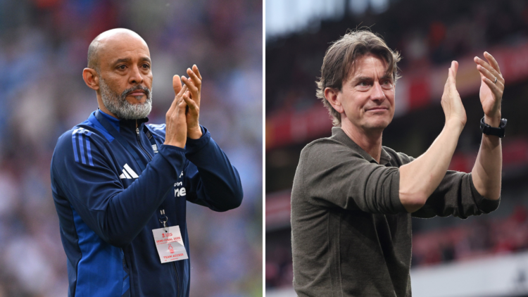 Nuno Espirito Santo claps fans (left) and Thomas Frank claps fans (right)
