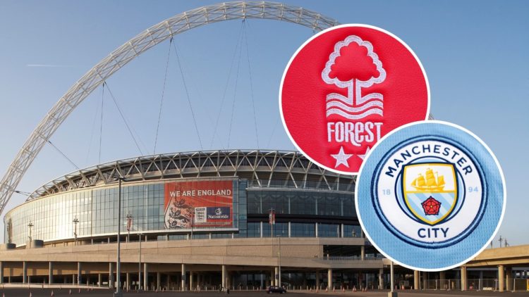 Wembley Stadium Tight Shot From Carpark. Insets: A detailed view of the badge of Manchester City FC, The club crest of Nottingham Forest is seen du...
