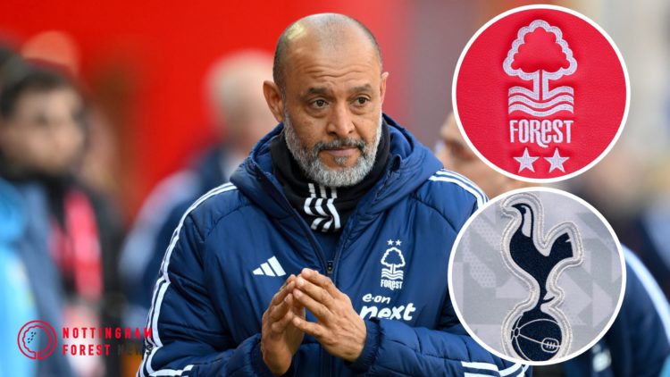 Nuno Espirito Santo on the touchline at the City Ground with insets of the Nottingham Forest and Tottenham Hotspur badges