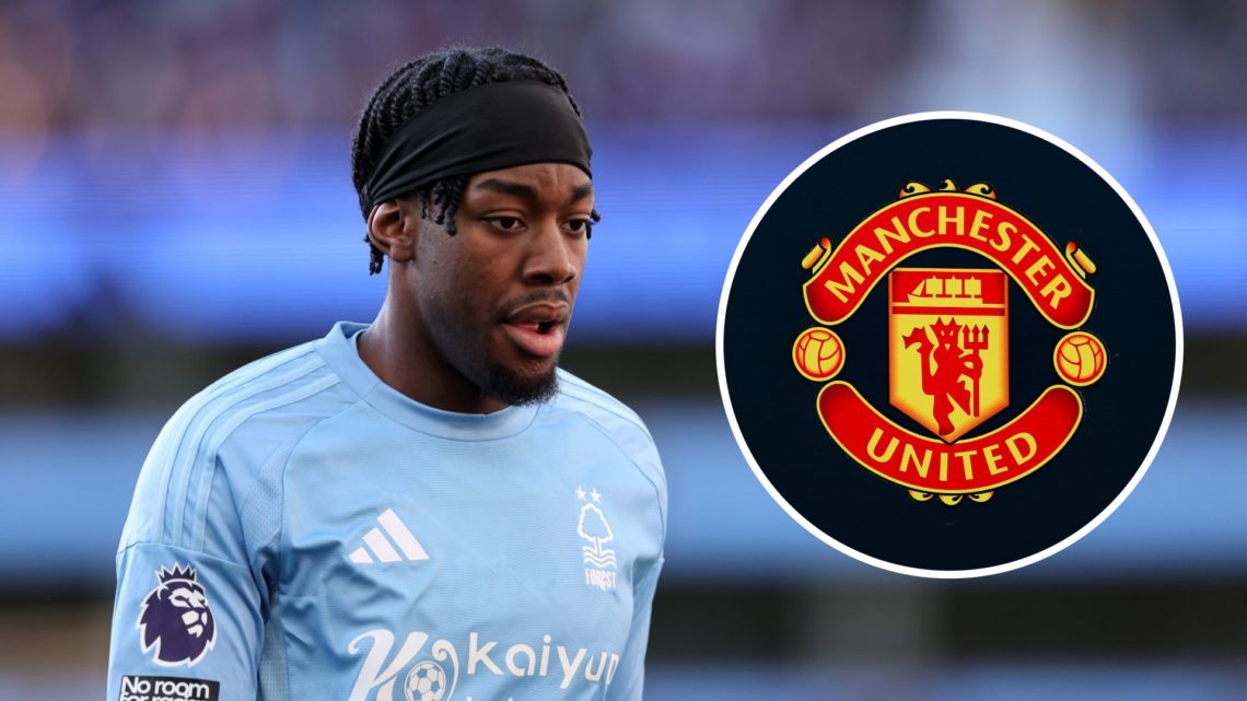 Anthony Elanga looks on (left) and Man United badge (right)