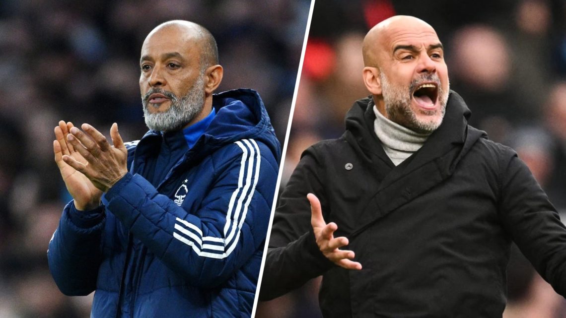 Nuno Espirito Santo claps (left), Pep Guardiola shouts (right)