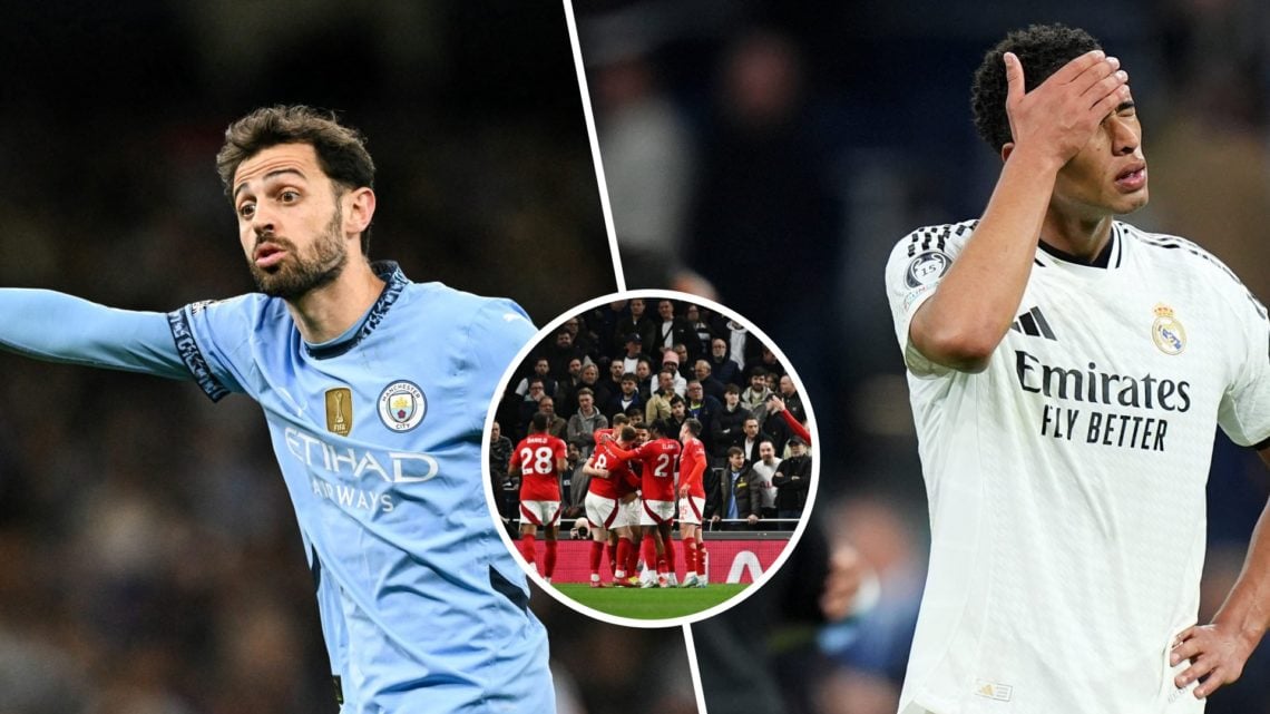Left: Bernardo Silva, Right: Jude Bellingham and Inset: Forest celebrate goal vs Tottenham