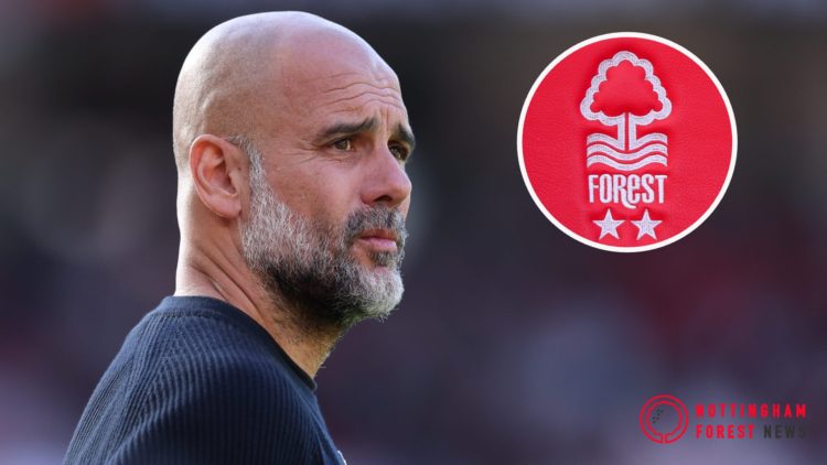 Pep Guardiola, manager of Manchester City, looks on prior to the match between Manchester United and Manchester City, with an inset of the Nottingh...
