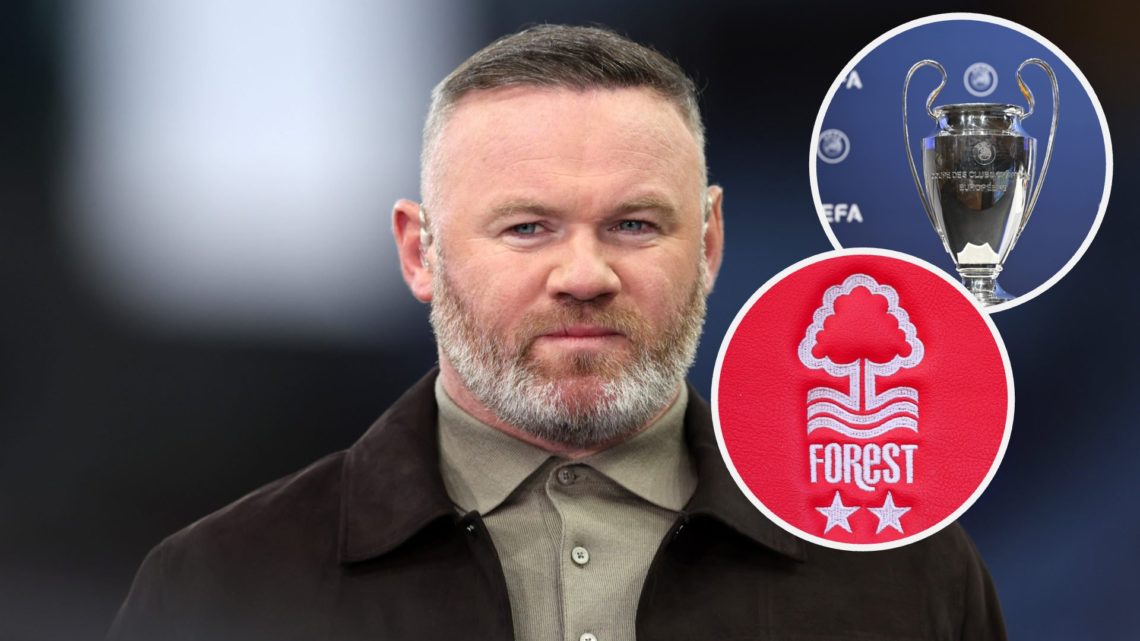 Wayne Rooney on punditry duty for Aston Villa vs PSG with insets of the Nottingham Forest crest and the UEFA Champions League trophy
