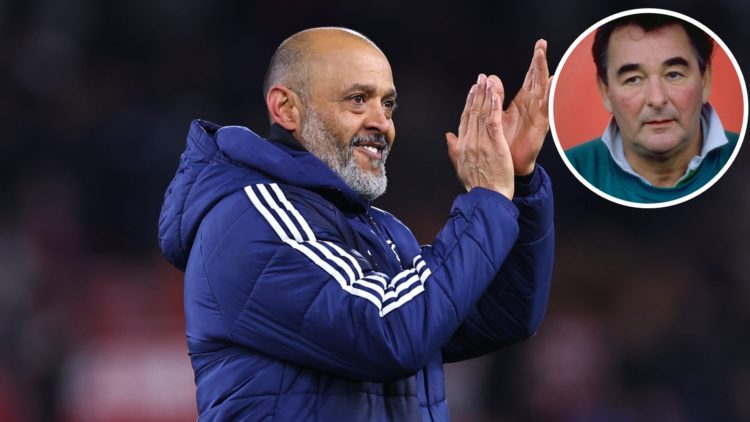 Nuno Espirito Santo applauds the fans after Nottingham Forest beat Manchester United. Inset: Portrait of Brian Clough