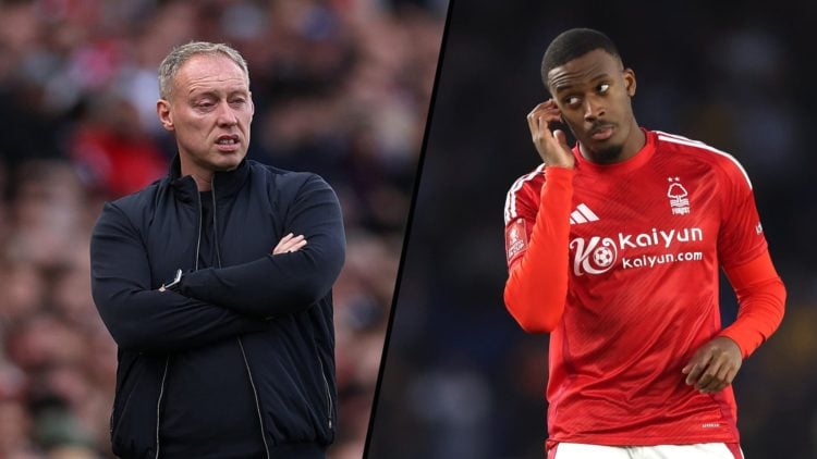 Split image of Steve Cooper managing Leicester City against Arsenal and Callum Hudson-Odoi during Nottingham Forest vs Brighton and Hove Albion