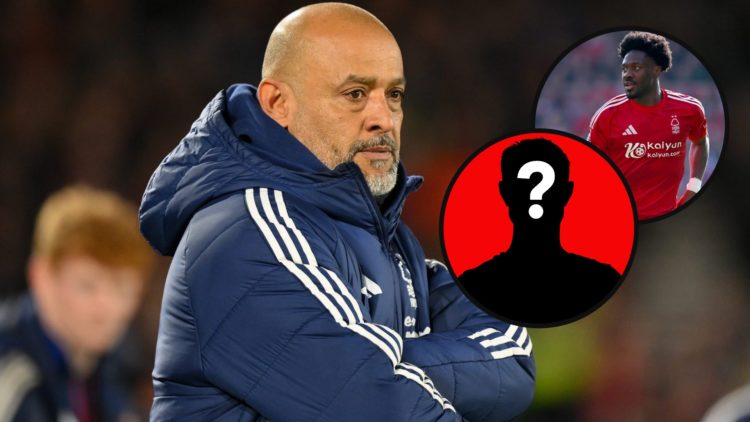 Nuno Espirito Santo watches on during Nottingham Forest vs Arsenal at the City Ground with an inset of Ola Aina in action for Nottingham Forest aga...