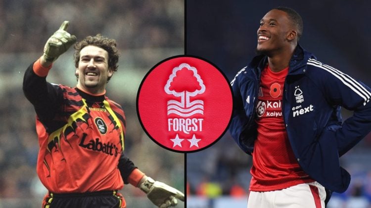 Split image of Mark Crossley playing for Nottingham Forest vs Newcastle United and Callum Hudson-Odoi celebrating Nottingham Forest's win over Leic...