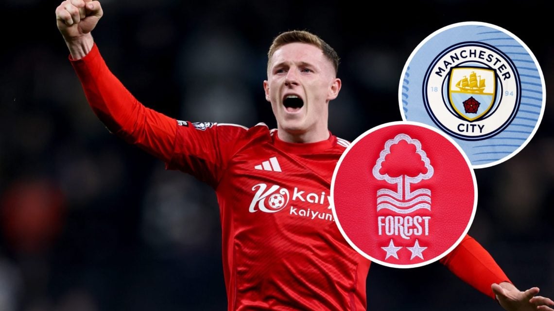 Elliot Anderson celebrating his goal for Nottingham Forest against Tottenham Forest, with insets of the Nottingham Forest and Manchester City crests