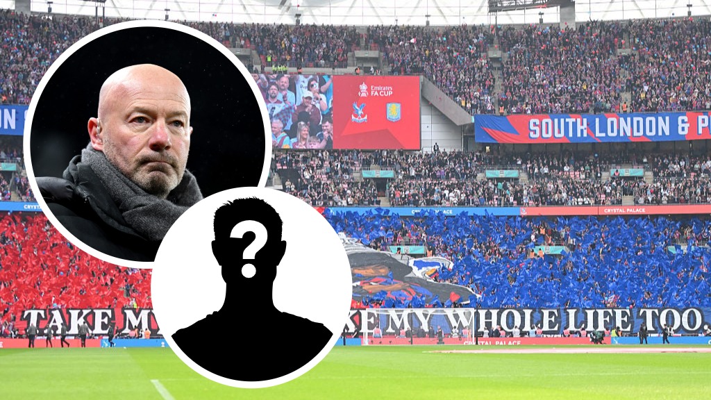 Alan Shearer looks on (left) and Crystal Palace fans celebrate (background)