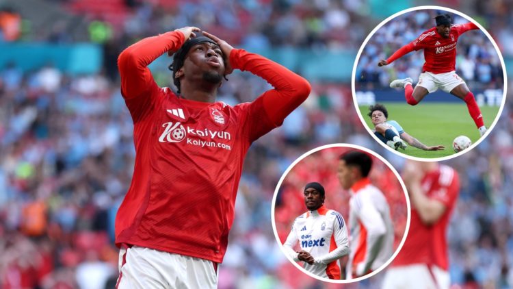 Anthony Elanga of Nottingham Forest holds his head in his hands after missing a chance in the FA Cup semi-final against Manchester City (left),