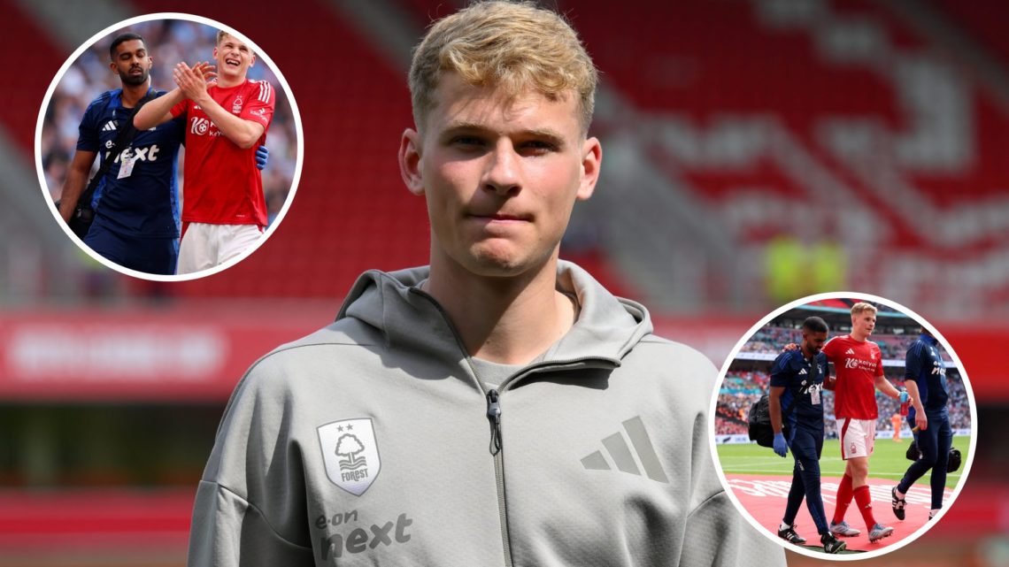 Zach Abbott of Nottingham Forest looks on longingly (centre), two overlays consisting of images of Abbott from the FA Cup semi-final between Forest...