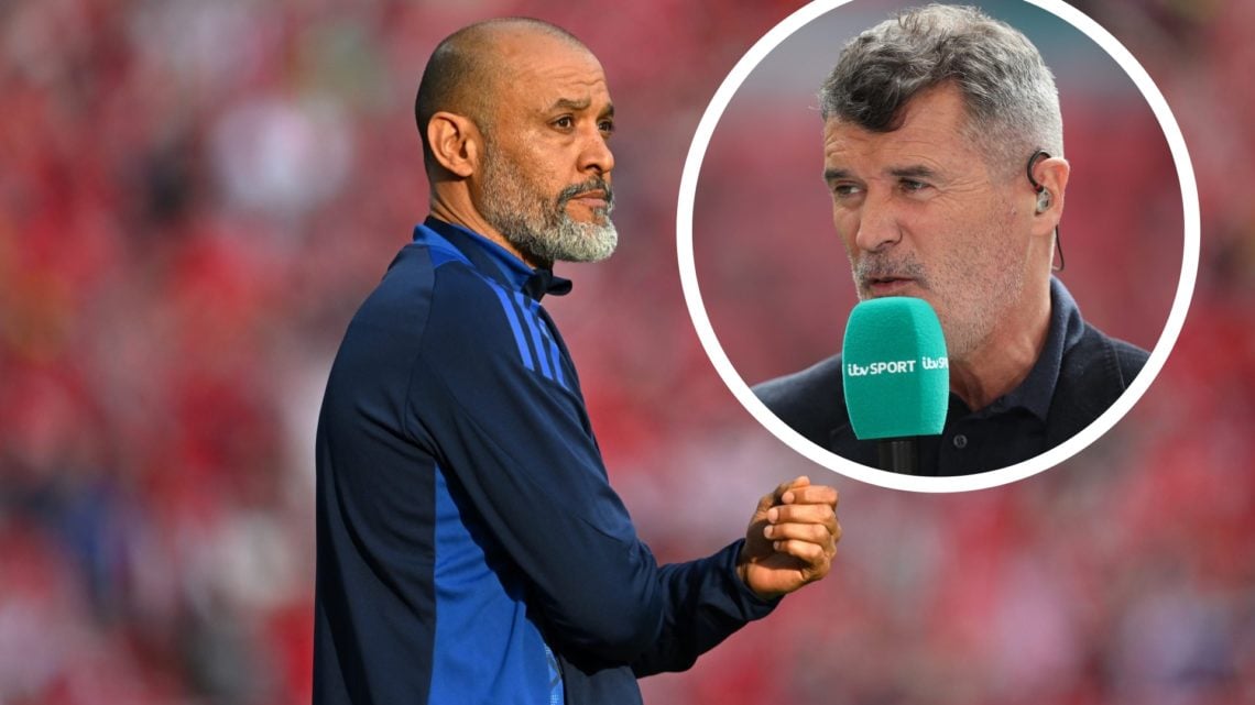 Nuno Espirito Santo watches on (left) and Roy Keane talks into mic (right)