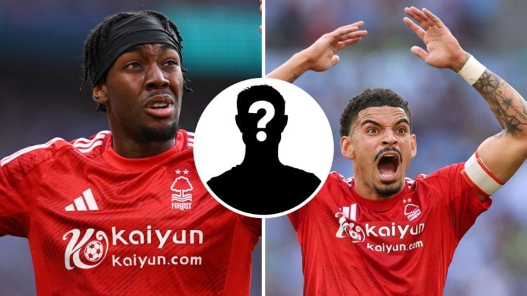 Anthony Elanga (left) of Nottingham Forest is looking frustrated as he squanders a chance in the FA Cup, Morgan Gibbs-White (right) holds his head ...