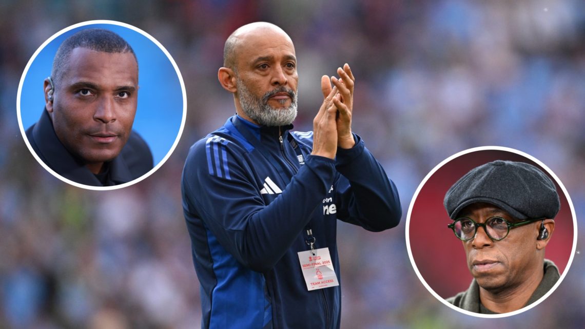 Nuno Espirito Santo claps fans (centre), Clinton Morrison looks on (left) and Ian Wright looks on (right)