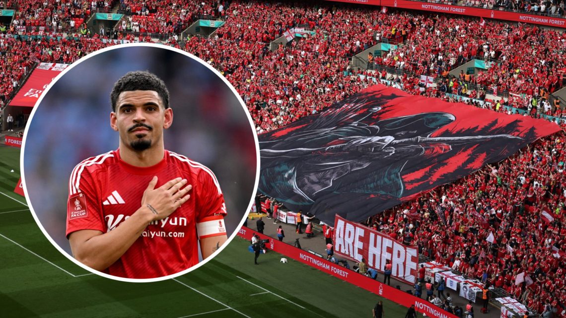 Morgan Gibbs-White touches badge (left) and Nottingham Forest fans cheer (right)