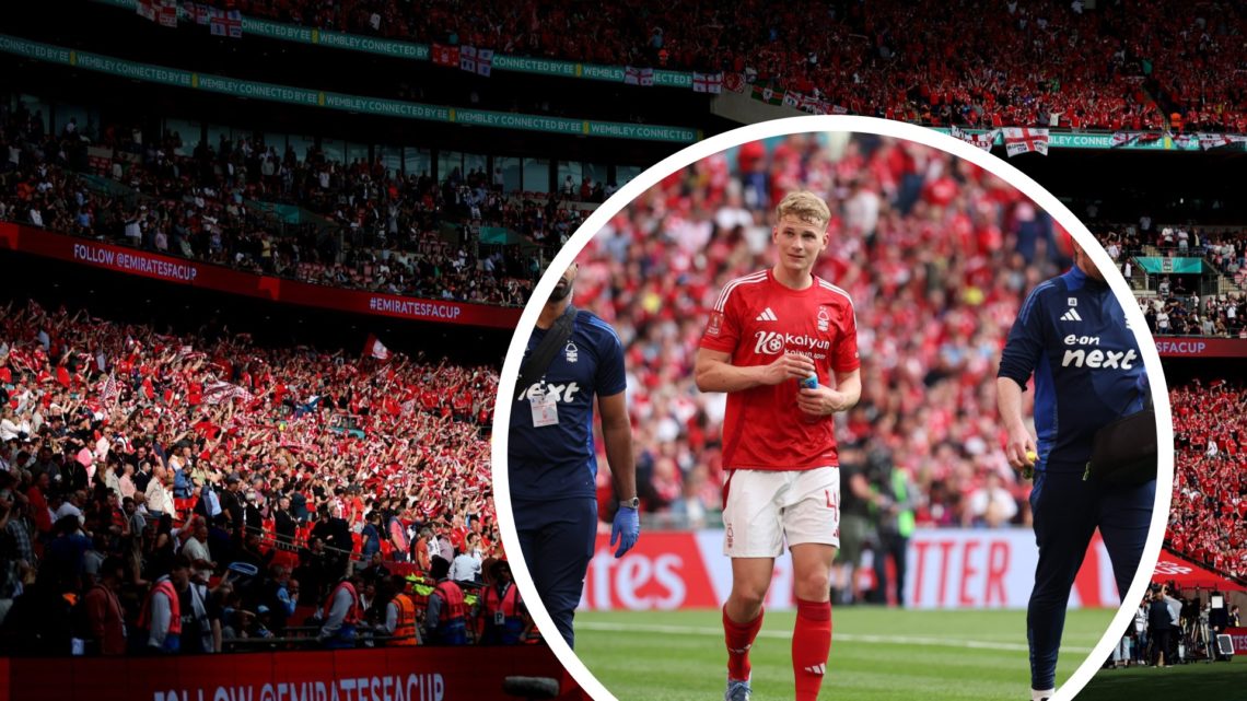 Zac Abbott walks with medical staff (right) and Nottingham Forest fans cheer (left)