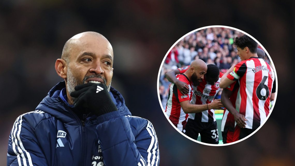 Nuno Espirito Santo frustrated (left) and Brentford players celebrate (right)
