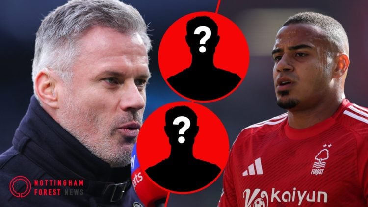 Split image of Jamie Carragher appearing on Sky Sports and Nottingham Forest's Murillo vs Manchester City