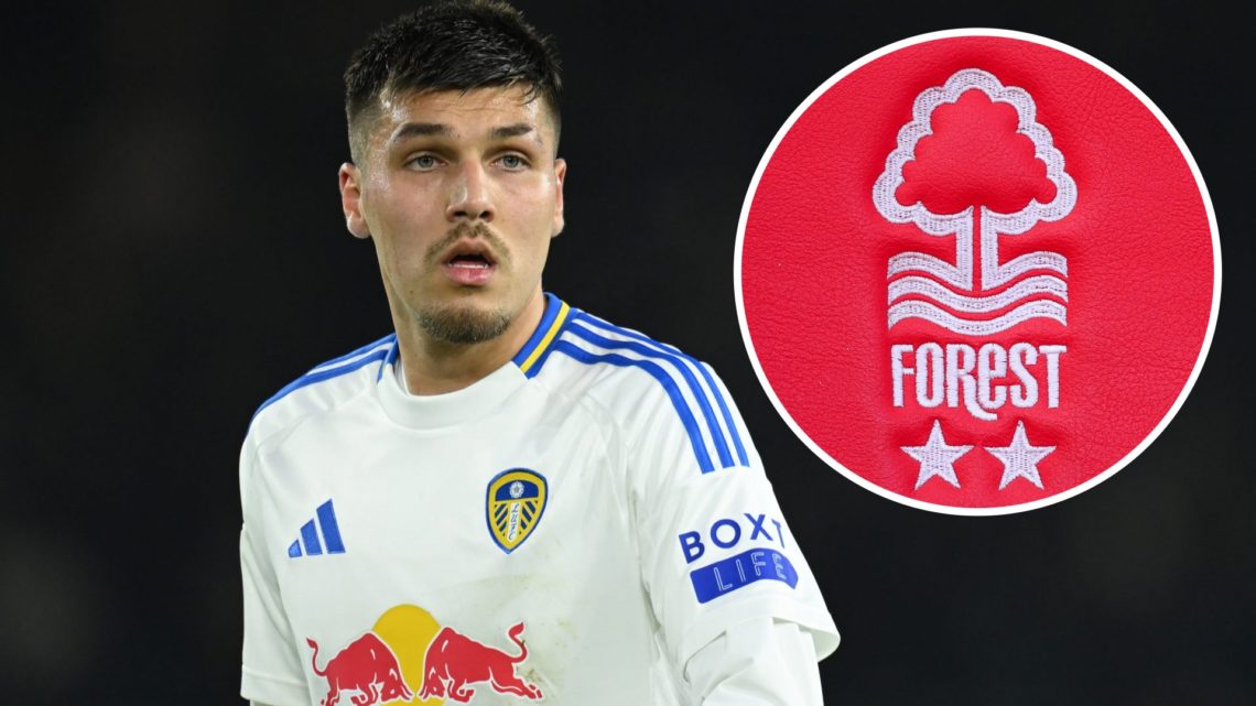 Joel Piroe look on (left) and Nottingham Forest badge (right)