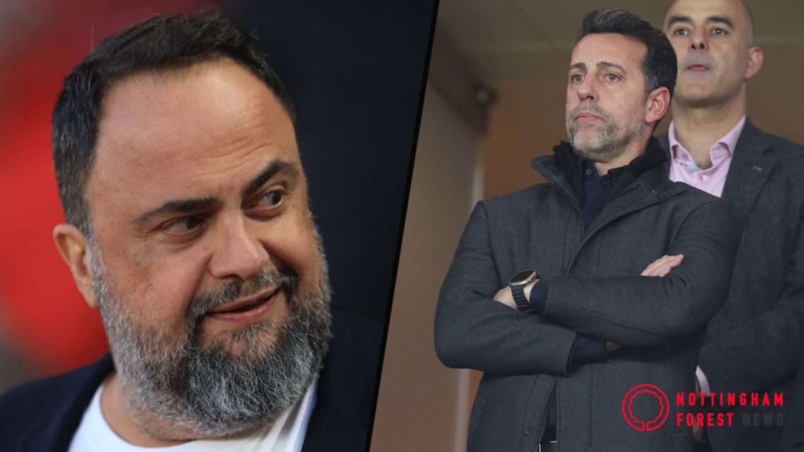 Split image of Evangelos Marinakis attending Nottingham Forest vs Manchester United and Edu Gaspar watching Arsenal FC vs Valerenga