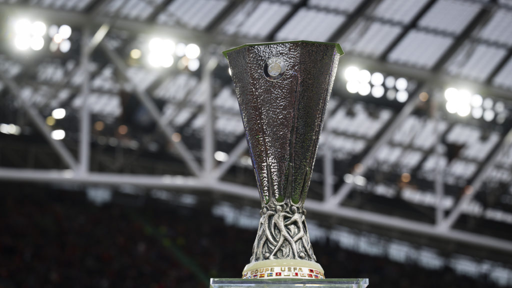The trophy of the UEFA Europa League is displayed prior to