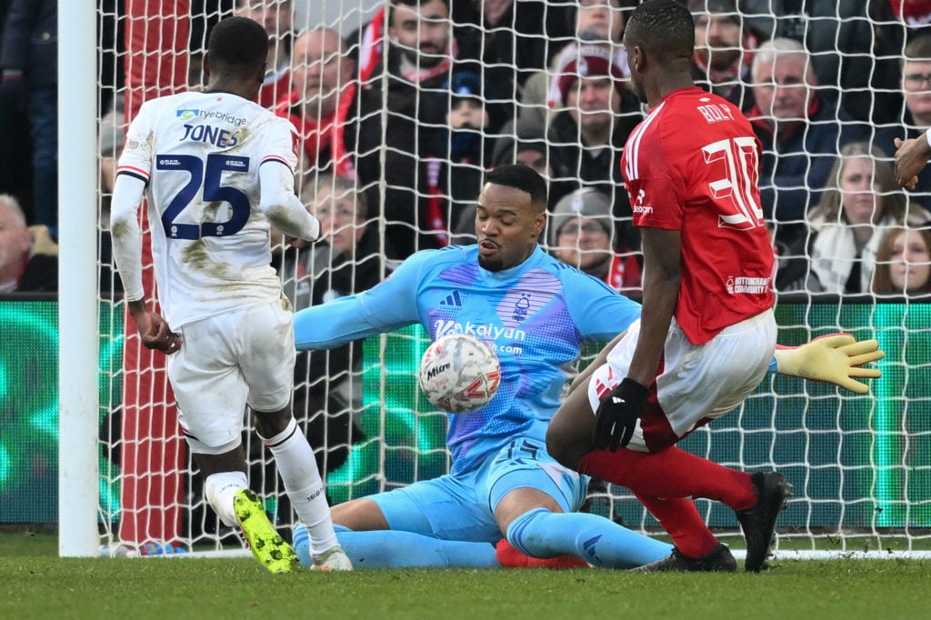 Carlos Miguel makes a save for Nottingham Forest vs Luton Town