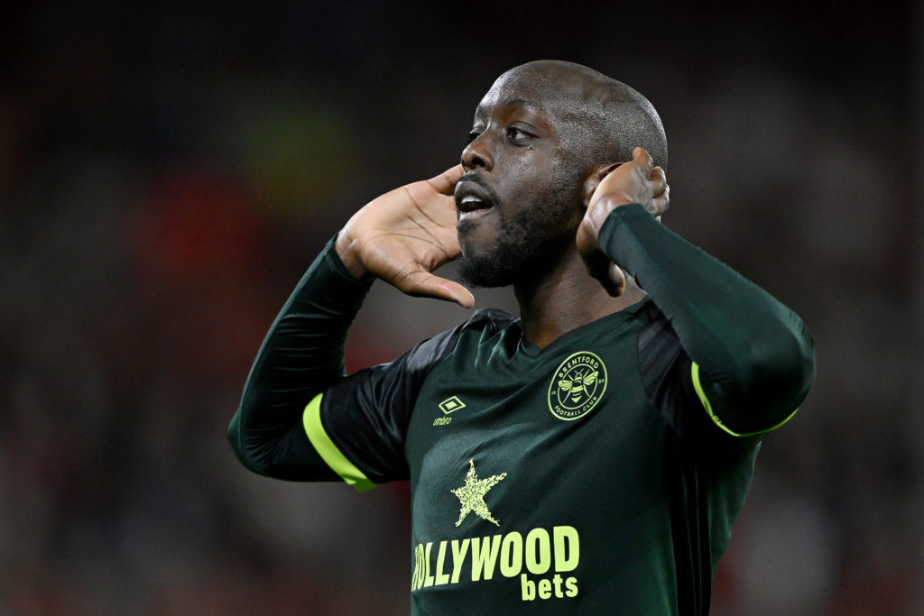 Yoane Wissa celebrates for Brentford after scoring against Nottingham Forest in the Premier League.