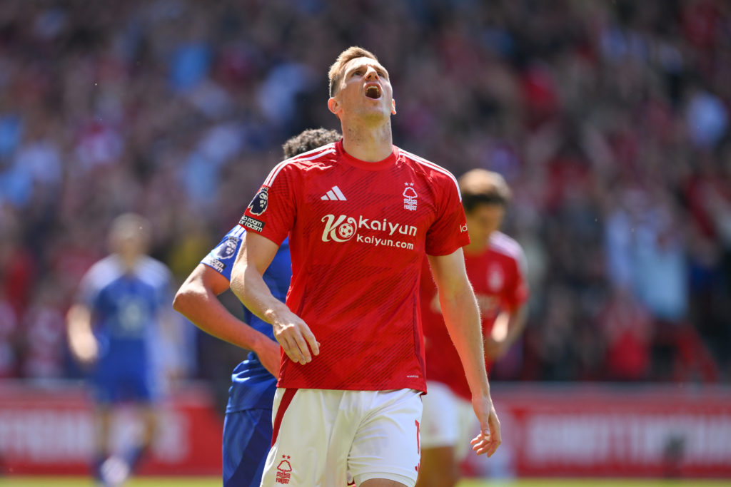Chris Wood looks to the sky after missing a chance during Nottingham Forest's Premier League game against Leicester City.